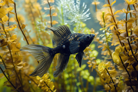 A goldfish gracefully swims amidst a vibrant array of yellow flowers in a well-maintained aquarium, An agile Black Molly fish twirling in the embrace of underwater plants, AI Generatedの素材