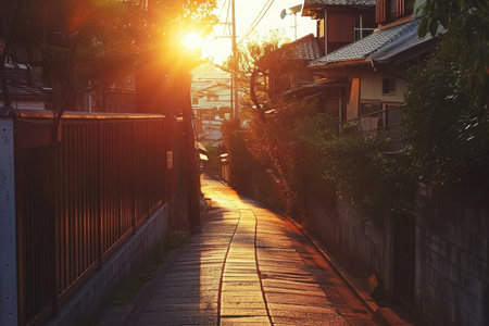 Sunlight Illuminating a Narrow City Street, An alley with uniform houses against a setting sun, AI Generatedの素材