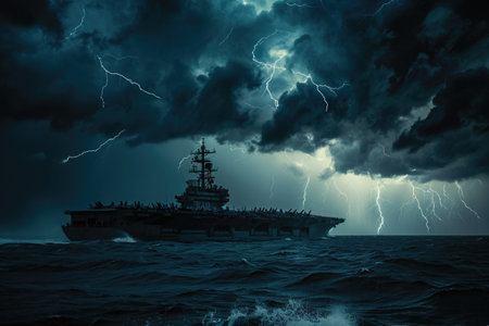 Thunderstorm Illuminates Massive Cargo Ship in the Midst of the Open Ocean, An amphibious assault ship appearing daunting and ominous under a stormy, lightning-filled sky, AI Generatedの素材