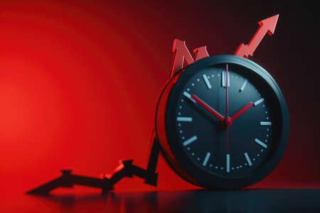 A black clock featuring red arrows sticking out, indicating the current time, An animated inflation clock ticking upwards, AI Generatedの素材