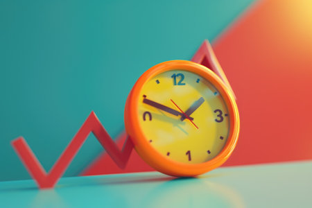 An orange clock sits on top of a wooden table, An animated inflation clock ticking upwards, AI Generatedの素材