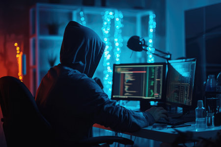A person sitting at a computer in a dark room, engrossed in work, An anonymous hacker in a dark room attempting a major cyber attack, AI Generatedの素材
