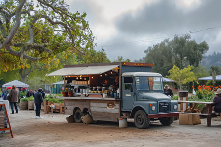 Food Truck Parked in a Busy Parking Lot at Lunchtime, An artisanal coffee truck at a morning farmers market, AI Generatedの素材
