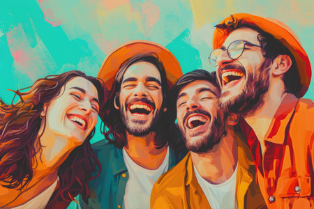 Diverse Group of People Standing Together at Park Bench, An artistic representation of a group of friends laughing and chatting for a comedy podcast, AI Generatedの素材