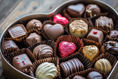 Heart Shaped Box Filled With Assorted Chocolates, An assortment of Valentine's chocolates in a heart-shaped box, AI Generatedの素材