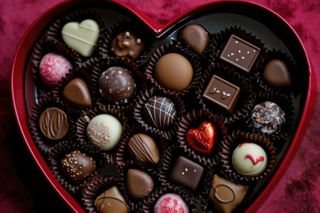 A heart-shaped box filled with a variety of delicious chocolates, making it an ideal gift for any occasion, An assortment of Valentine's chocolates in a heart-shaped box, AI Generatedの素材