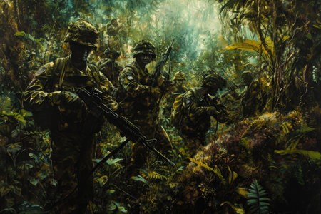 Painting of Soldiers Patrolling in the Jungle, An artwork showcasing Green Berets Special Forces in jungle camouflage, AI Generatedの素材