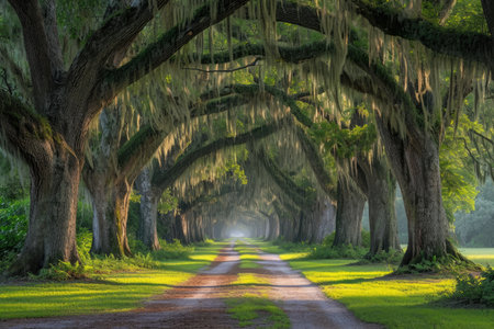 A dirt road winds its way through a serene landscape, flanked by lush trees draped in vibrant moss, An awe-inspiring tree alley draped with Spanish moss in a southern park, AI Generatedの素材