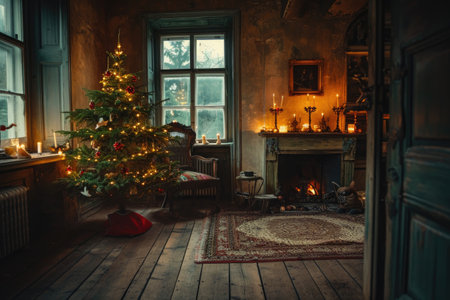A cozy living room adorned with a fully decorated Christmas tree placed in the corner, An atmospheric candlelit room with a Christmas tree in the corner, AI Generatedの素材