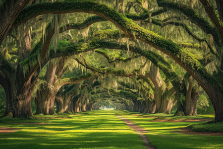 Serene Dirt Road Surrounded by Moss-Covered Trees, An awe-inspiring tree alley draped with Spanish moss in a southern park, AI Generatedの素材