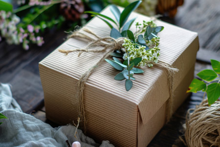 A brown box with a plant resting on top, creating a simple and natural composition, An eco-friendly gift box made of recycled materials with a zero waste theme, AI Generatedの素材