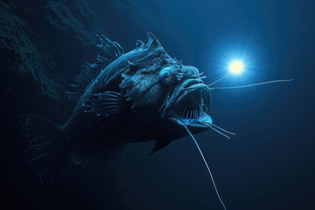 A fish with its mouth open wide underwater, An eerie deep-sea Anglerfish using its bio-luminescent lure to attract prey, AI Generatedの素材