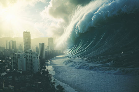 A massive wave forcefully crashes over a city located on the ocean, creating a dramatic scene, An economic tsunami towered over a cityscape indicating a looming inflation crisis, AI Generatedの素材