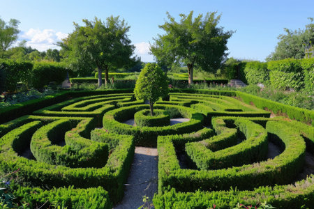 A meticulously crafted maze featuring tall hedges and intricate pathways stands out as the centerpiece of a stunning garden, An elaborate maze of hedges in an elegant garden, AI Generatedの素材