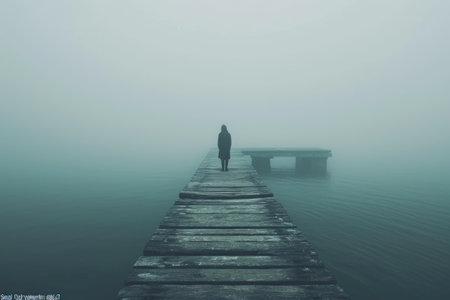 A person stands alone on a dock, surrounded by fog, An eerie apparition standing at the end of a foggy pier, AI Generatedの素材