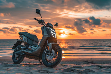 A motorcycle is parked on top of a sandy beach, while in the distance ocean waves crash against the shore, An electric motorbike parked near a beach at sunset, AI Generatedの素材