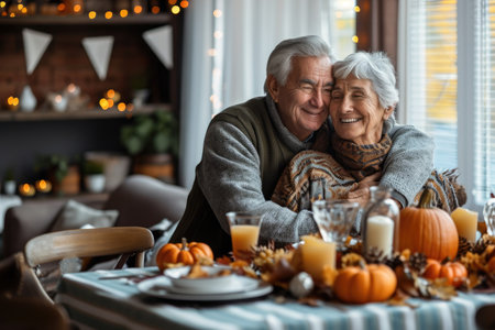 Elderly Couple Sitting at a Table With Pumpkins, An elderly couple embracing each other at the Thanksgiving table, AI Generatedの素材