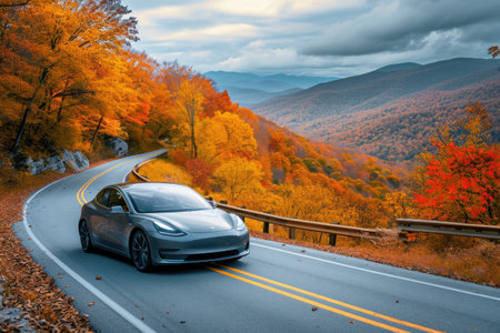 A car drives down a road surrounded by majestic mountains in the background, An electric vehicle cruising on a mountain road with fall foliage, AI Generatedの素材