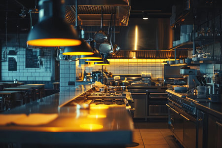 Spacious Restaurant Kitchen With Ample Counter Space, An empty restaurant kitchen glistening under soft, warm lighting, AI Generatedの素材