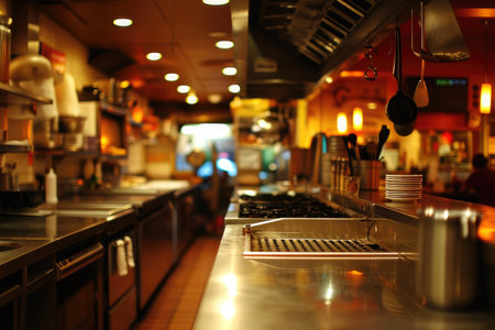 A bustling restaurant kitchen filled with chefs preparing meals on sleek stainless steel countertops, An empty restaurant kitchen glistening under soft, warm lighting, AI Generatedの素材