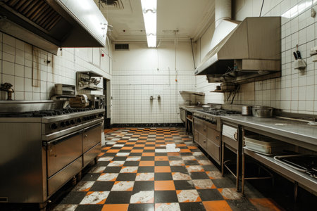 A kitchen with a checkered floor, featuring multiple stoves and cooking utensils, An empty restaurant kitchen with checkered floors and white cabinets, AI Generatedの素材