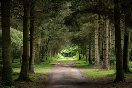 A winding dirt road cuts through a dense forest, surrounded by tall trees and a natural canopy of leaves, An entrance framed by towering pines in a secluded woodland park, AI Generatedの素材
