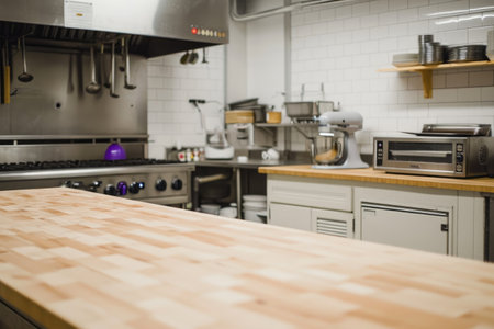 A contemporary kitchen featuring sleek stainless steel appliances and warm wooden countertops, An empty restaurant kitchen with spotless white appliances and wooden countertop, AI Generatedの素材