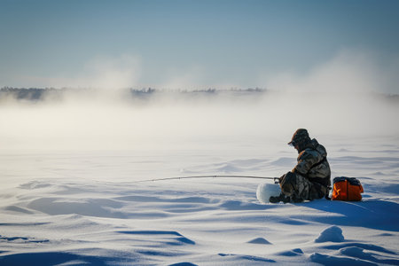 A man dressed in warm clothing sits in the snow, holding a fishing rod and patiently waiting for a bite, Angler in heavy gear ice fishing in a snow-covered landscape, AI Generatedの素材