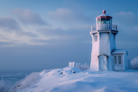 Majestic Lighthouse on Snow-Covered Hill, An ice covered lighthouse facing an open, frost-kissed sea, AI Generatedの素材