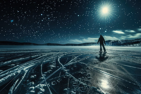A person stands in the middle of a vast field, gazing up at a sky filled with sparkling stars, An ice skater tracing a path on a frozen moonlit pond, AI Generatedの素材