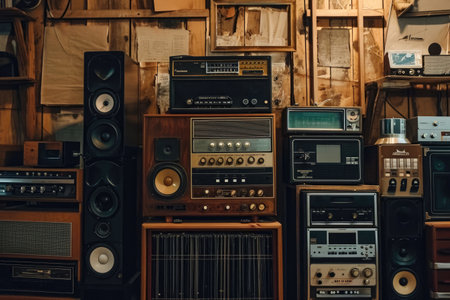 Assorted Electronic Equipment Displayed on a Wall, An image featuring vintage radio equipment to capture the essence of an oldies music podcast, AI Generatedの素材