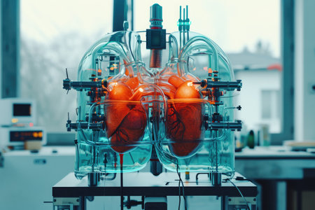 A close-up photograph of a machine, showcasing its inner workings with the presence of a heart-shaped mechanism, Animated representation of a heart-lung machine, AI Generatedの素材