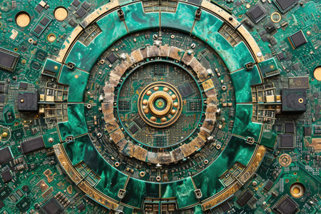 Close-Up View of a Computer Chip With Microscopic Circuits, An information technology-themed mandala depicting motifs of computer hardware, AI Generatedの素材