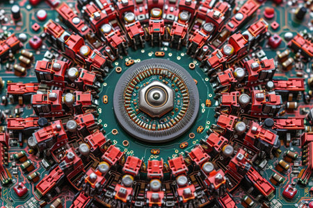 A detailed view of a computer board showcasing numerous red and black parts, An information technology-themed mandala depicting motifs of computer hardware, AI Generatedの素材