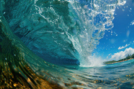 Inside View of an Ocean Wave Crashing, An interesting perspective of under-the-wave shot with marine life, AI Generatedの素材