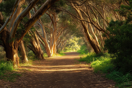 A dirt road cutting through a lush landscape of trees and grass, providing a picturesque view of natures serenity, An inviting scenic trail under a canopy of whispering eucalyptus trees, AI Generatedの素材