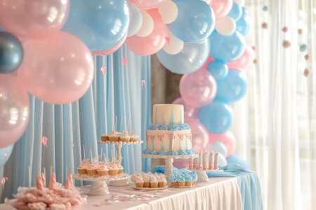 Colorful Cake and Balloons Adorn Table at Celebration, An intimate gender reveal party with blue or pink decorations, AI Generatedの素材