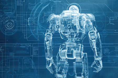 A blueprint image capturing the detailed design of a robot, placed against a solid blue background, An intricate blueprint of a robot's inner machinery, AI Generatedの素材