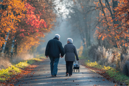 A man and woman are walking down a road in the countryside, holding hands and enjoying each others company, An older couple taking a brisk morning walk, AI Generatedの素材
