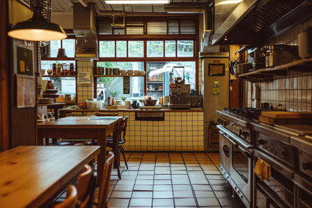Spacious Kitchen With Ample Countertop Surface Area, An old-fashioned empty restaurant kitchen with warmth of rustic colors, AI Generatedの素材