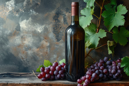 A bottle of red wine is placed next to a bunch of ripe grapes on a wooden table, An old and expensive bottle of wine with a bouquet of grapes, AI Generatedの素材