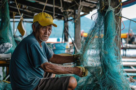 A man is sitting on a boat, surrounded by fishing nets as he prepares for a day of fishing, An old fisherman repairing his net on the dock, AI Generatedの素材