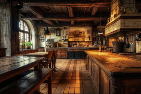 Spacious Kitchen With a Solid Wood Countertop, An old-fashioned empty restaurant kitchen with warmth of rustic colors, AI Generatedの素材