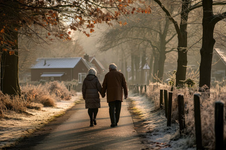 A man and woman are walking side by side on a path in a lush green forest, An older couple taking a brisk morning walk, AI Generatedの素材