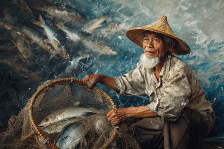 A Painting of a Man Holding a Fishing Net, An old fisherman pulling in a large net filled with various types of fish, AI Generatedの素材
