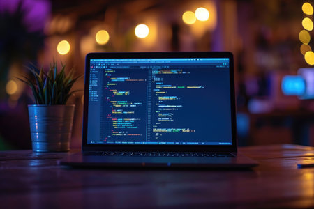 A laptop computer is placed on top of a wooden table in a professional office environment, An open laptop with code appearing on the screen, AI Generatedの素材