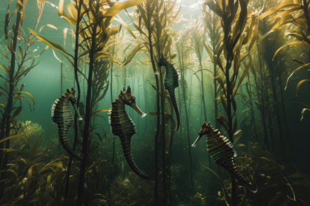 A group of seahorses gracefully swimming among the vibrant green seaweed, An underwater forest of towering kelp filled with seahorses, AI Generatedの素材
