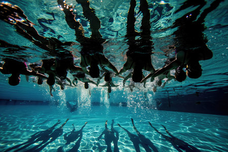 A group of individuals swimming and moving underwater in a swimming pool, An underwater shot of a synchronized swimming team practice, AI Generatedの素材
