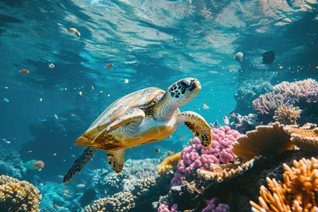 A turtle gracefully swims over a vibrant coral reef, showcasing the colorful marine ecosystem, An underwater snapshot of a playful sea turtle amidst a spread of colorful coral reef, AI Generatedの素材