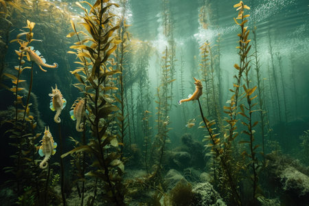 This photo captures the underwater scene of seaweed and seahorses swimming in the water, An underwater forest of towering kelp filled with seahorses, AI Generatedの素材